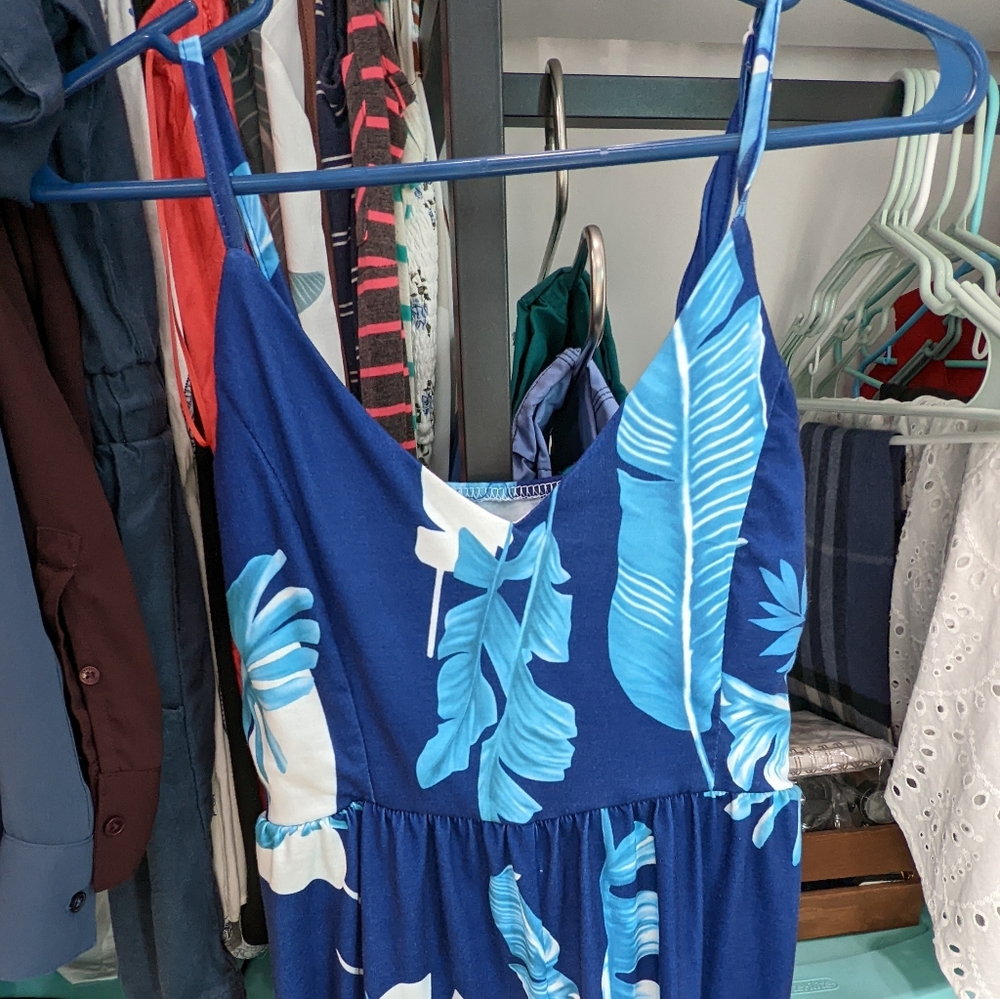 Blue Floral Romper Ferns Palm Leaf S